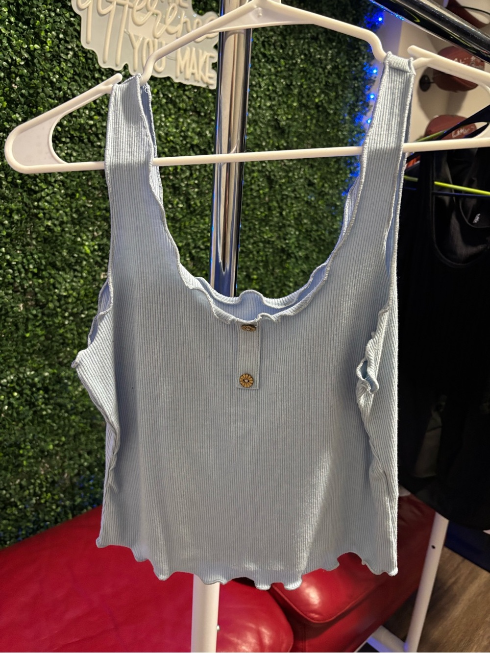 SHEIN Light Blue Ribbed Scoop Tank with Button Accent
